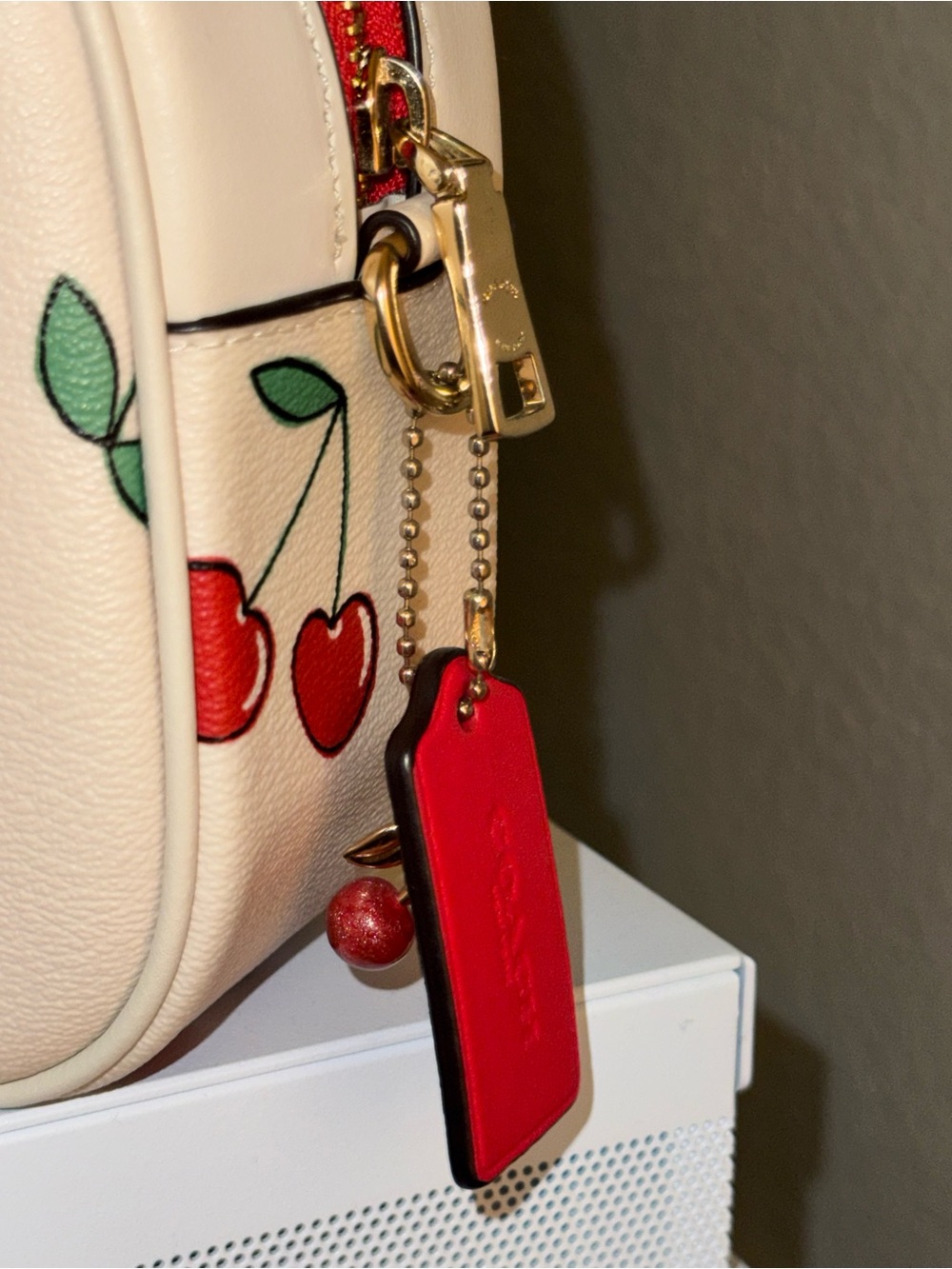 Coach Pink Cherry-Print Crossbody Bag with Striped Strap - Picture 3 of 4